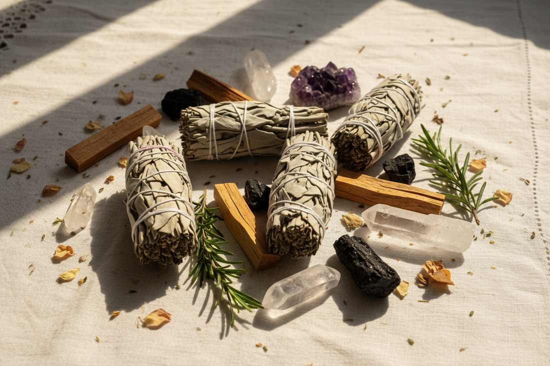Fagots de sauge blanche, palo santo et pierres naturelles pour purifier et recharger ses cristaux | Sahana Spirit
