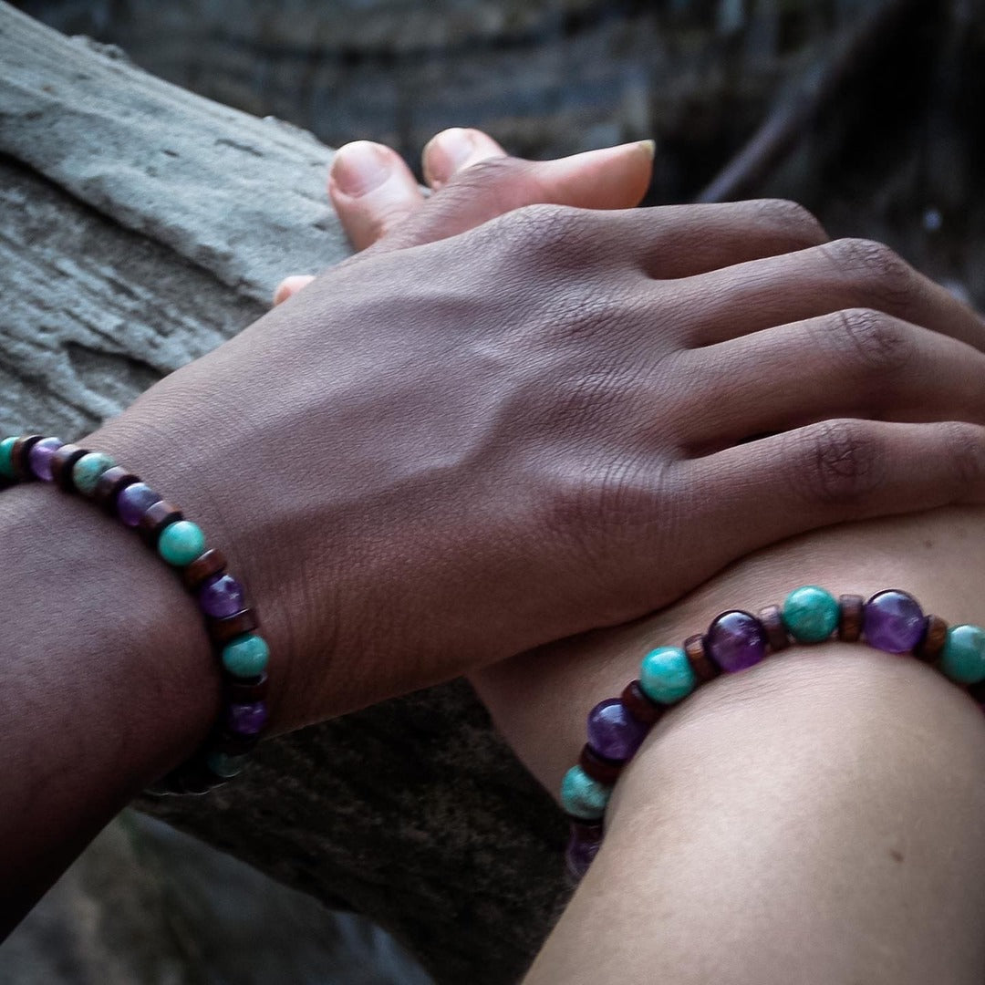Coffrets duo parent enfant bracelets pierres semi-précieuses Sahana Spirit - Améthyste turquoise - Bijouterie minérale artisanale connexion familiale