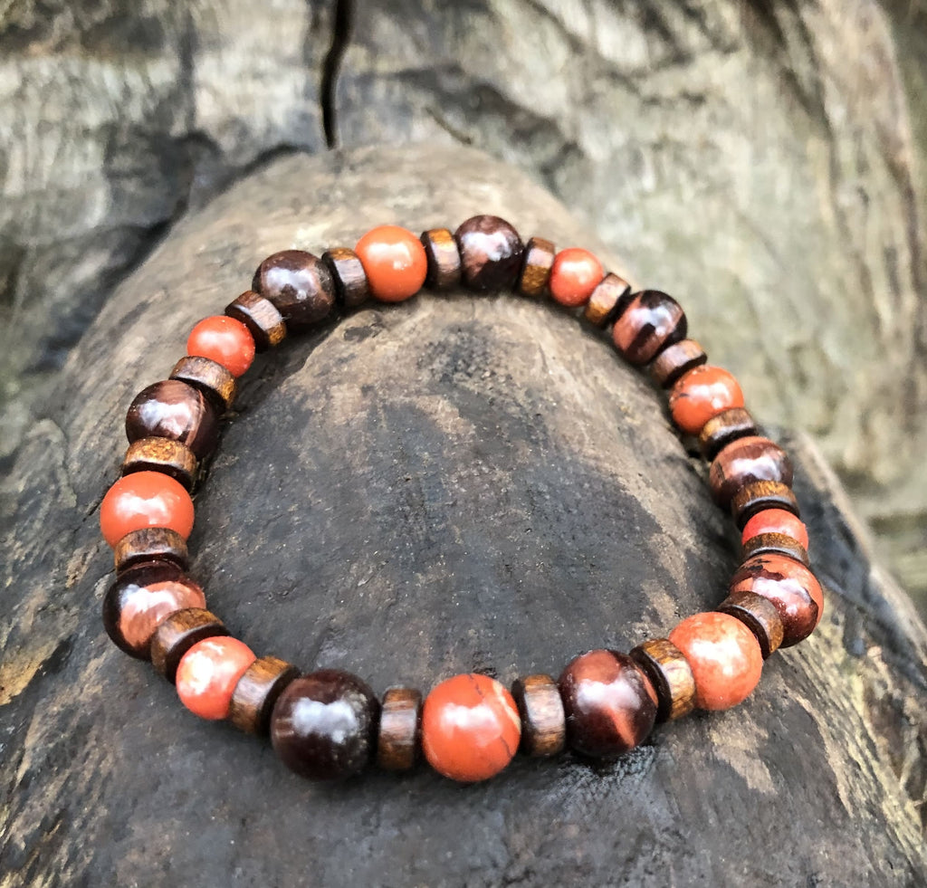 bracelet jaspe rouge, corail, oeil de taureau femme