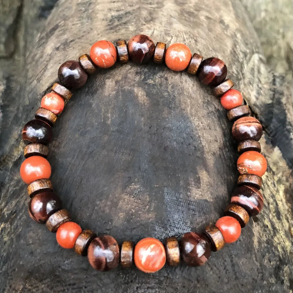 bracelet jaspe rouge, corail, oeil de taureau homme