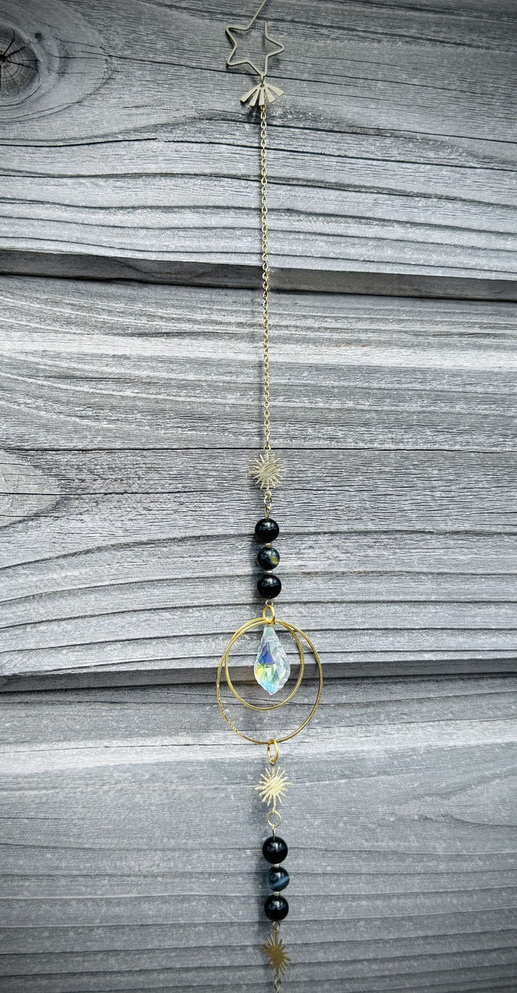 Attrape-soleil BASTET arc-en-ciel cristaux lumière obsidienne œil de faucon feng shui
