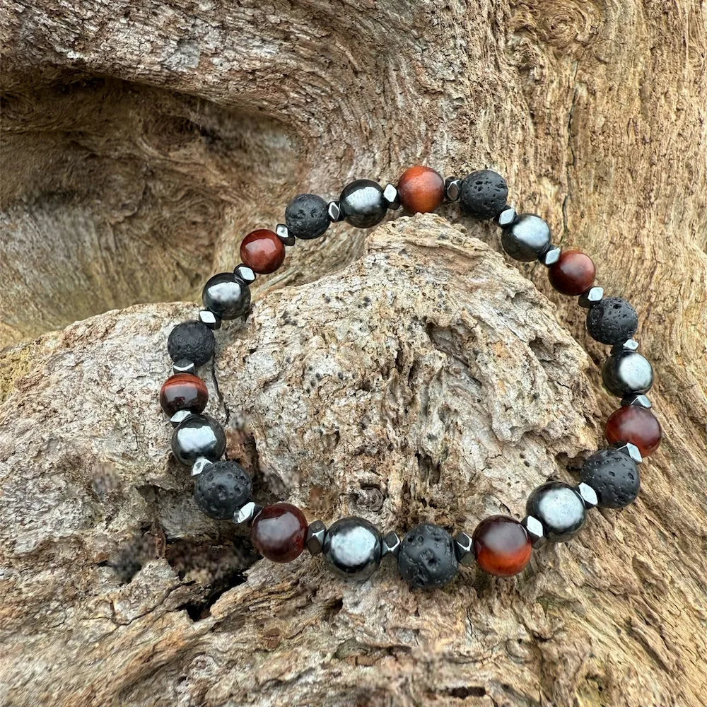 BILLY Bracelet Homme Hématite Œil de Taureau Pierre de Lave - Vue complète