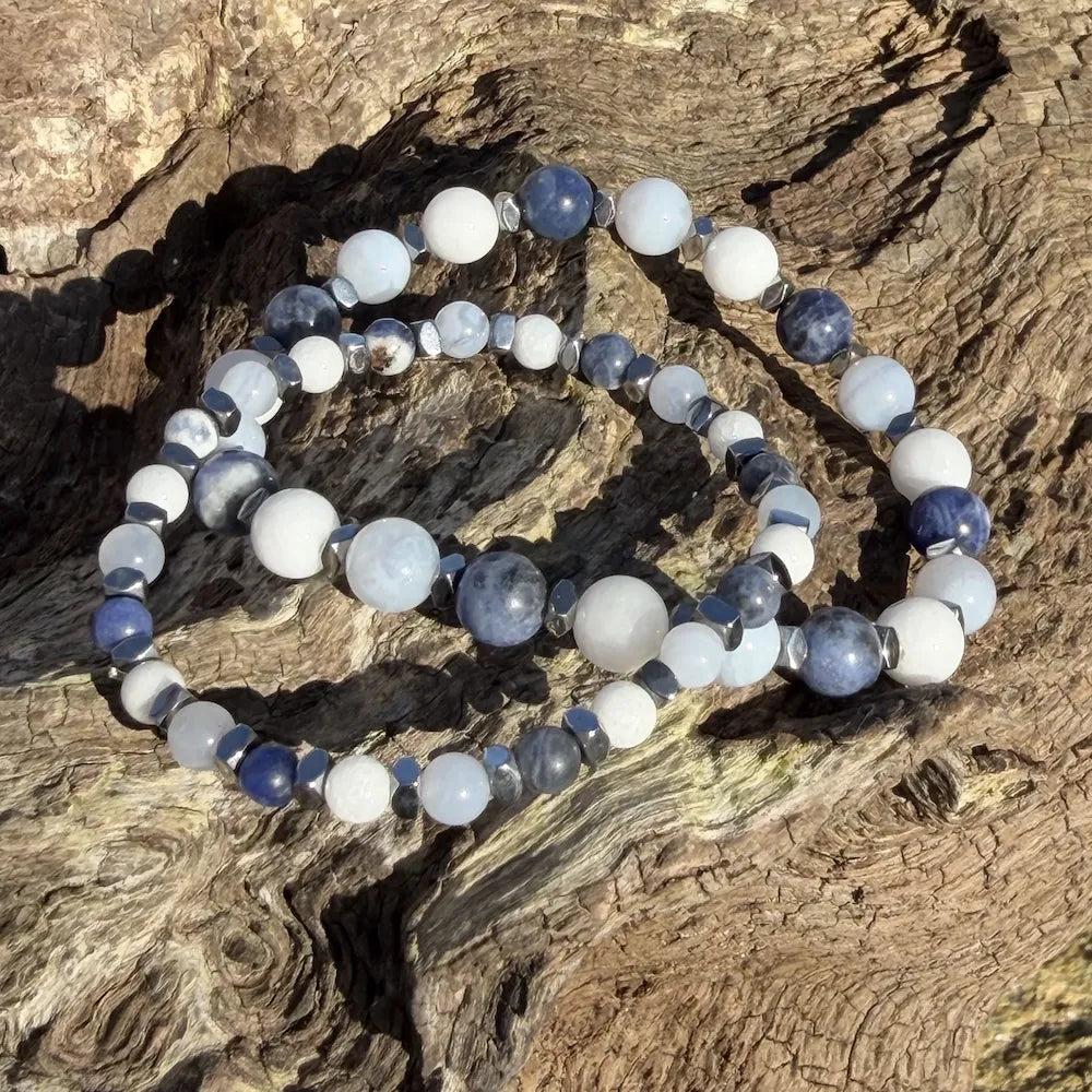 Duo parent/enfant communication et harmonie sodalite jade blanc calcédoine et hématite