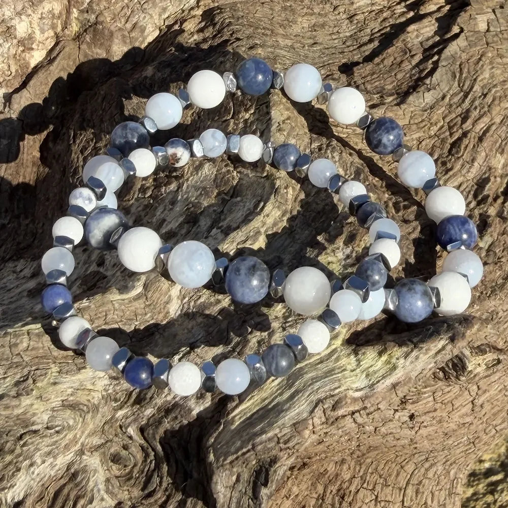 Duo parent/enfant communication et harmonie sodalite jade blanc calcédoine et hématite chakra laryngé