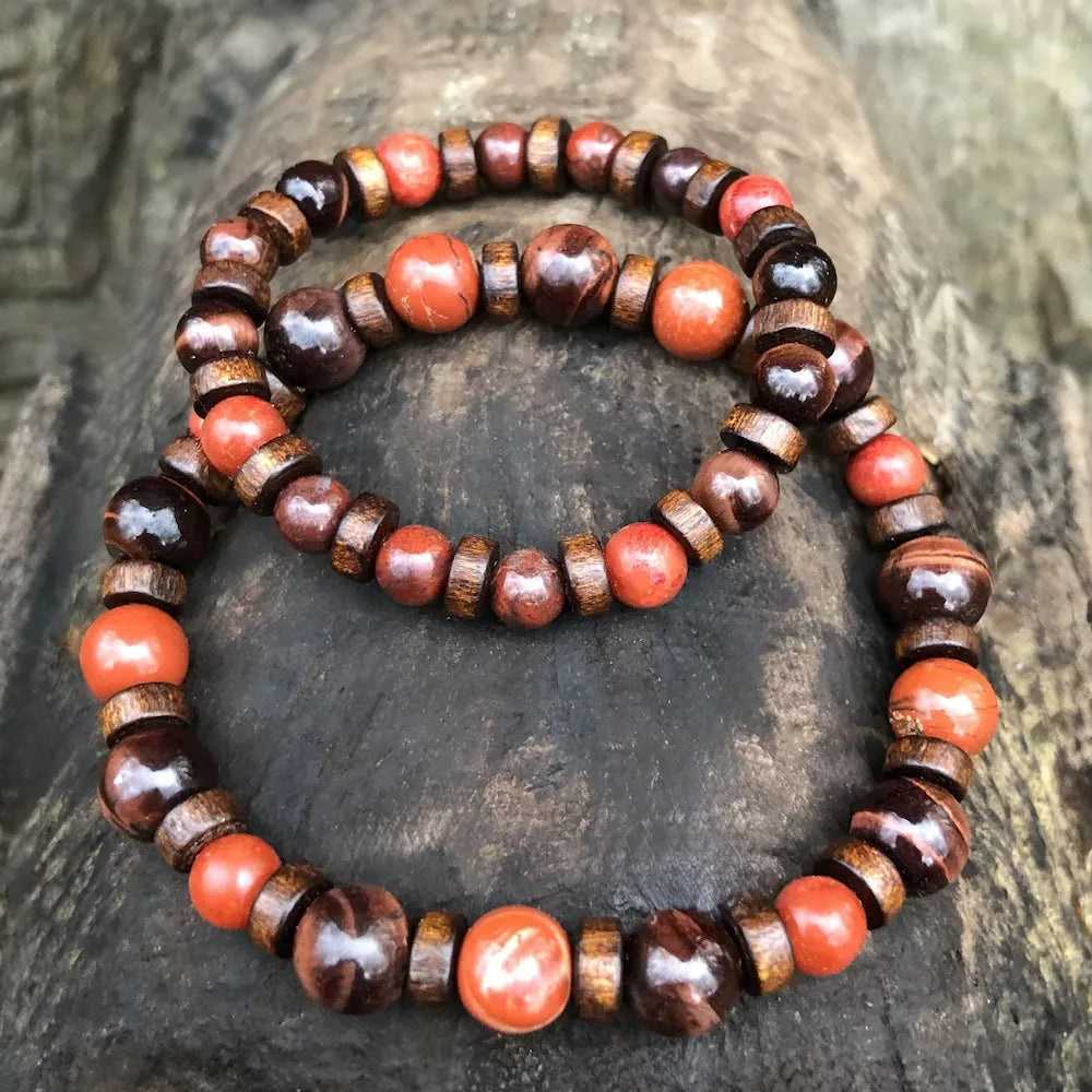 bracelet jaspe rouge, corail, oeil de taureau duo mixte enfant/adulte