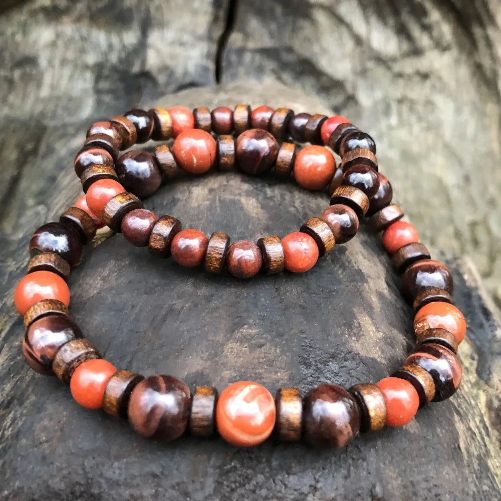 Bracelet Alana Jaspe rouge, corail bois et oreille taureau, chakra racine