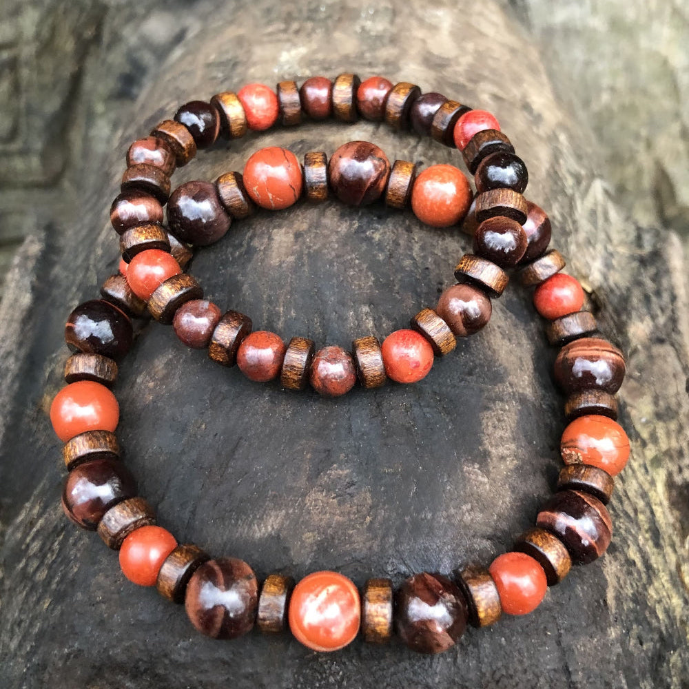 bracelet duo mixte adulte/ enfant  jaspe rouge, corail oeil de taureau protection 