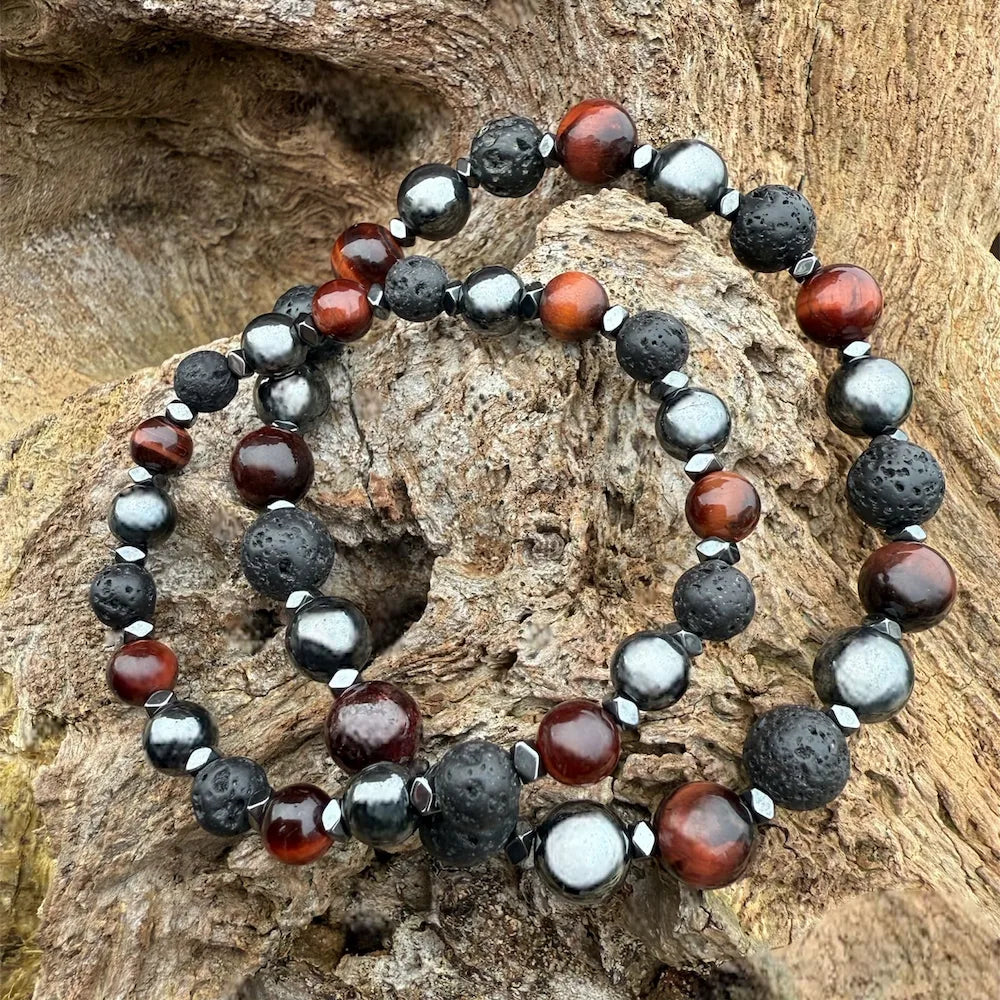 BILLY Bracelet Homme duo enfant - Détail hématite œil de taureau pierre de lave bois 8mm