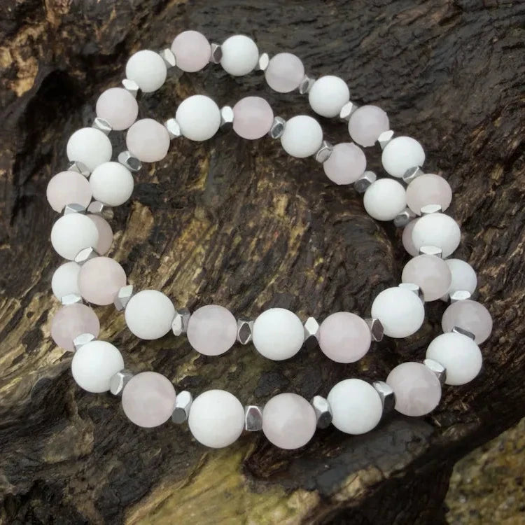 Duo bracelet parent enfant HANNA - Quartz rose jade blanc pierres naturelles