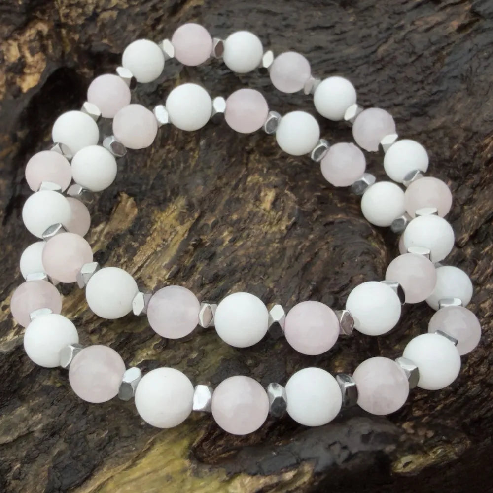 Duo bracelet parent enfant HANNA - Quartz rose jade blanc pierres naturelles
