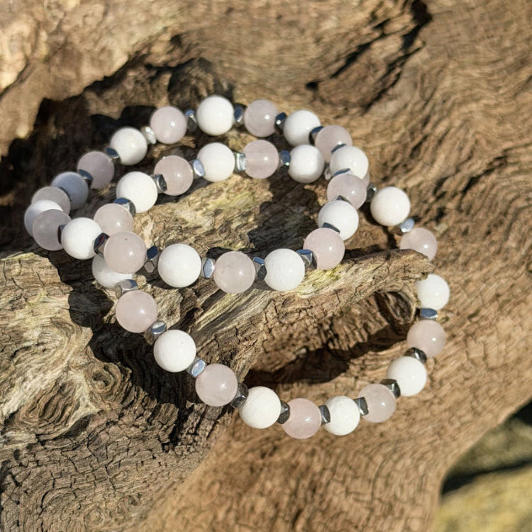 Duo Parent/enfant chakra du coeur, amour inconditionnel, Quartz rose, jade blanc et hématite