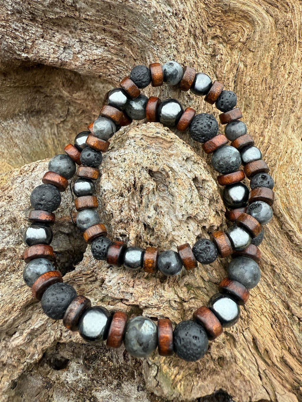 DUO MAËL - Détail bracelets parent enfant hématite labradorite pierre de lave bois
