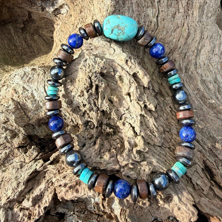 ÉDOUARD Bracelet Homme Turquoise Lapis Lazuli Hématite Bois 8mm - Vue complète sur bois naturel
