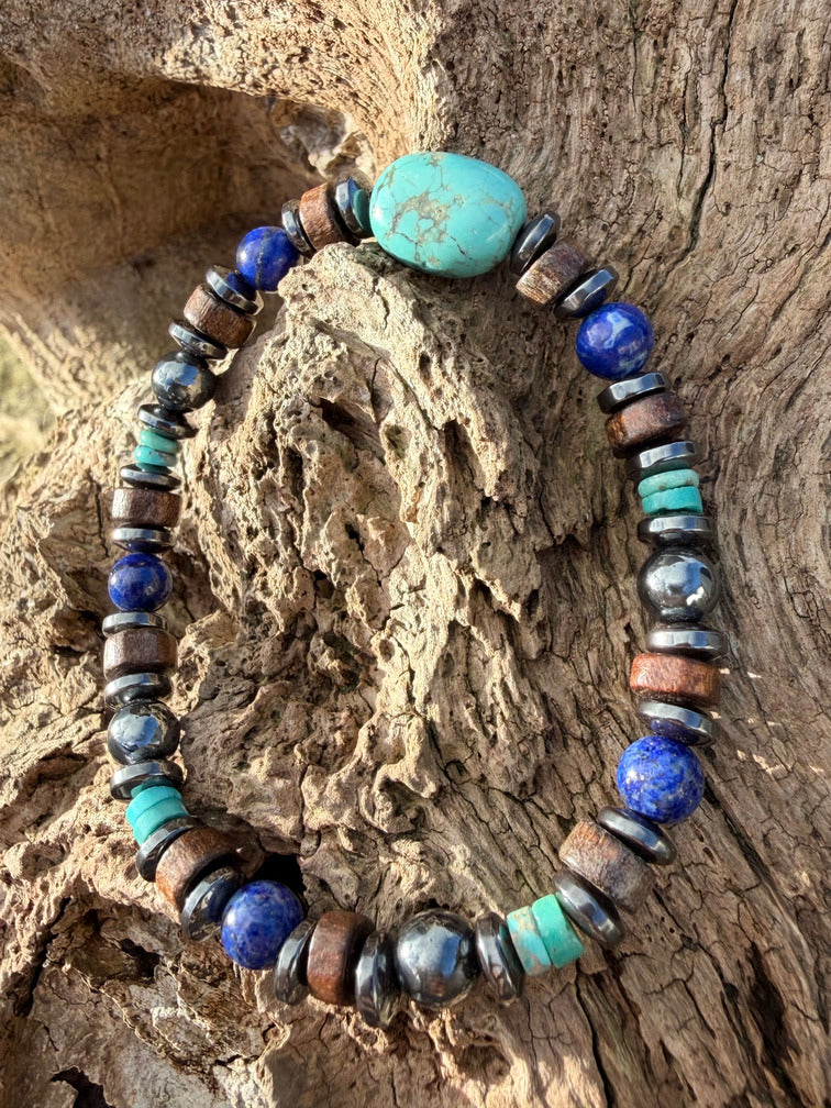 Bracelet ÉDOUARD Homme Femme Perles 8mm Turquoise Lapis Lazuli - Expression Intuition Confiance Fait Main France

