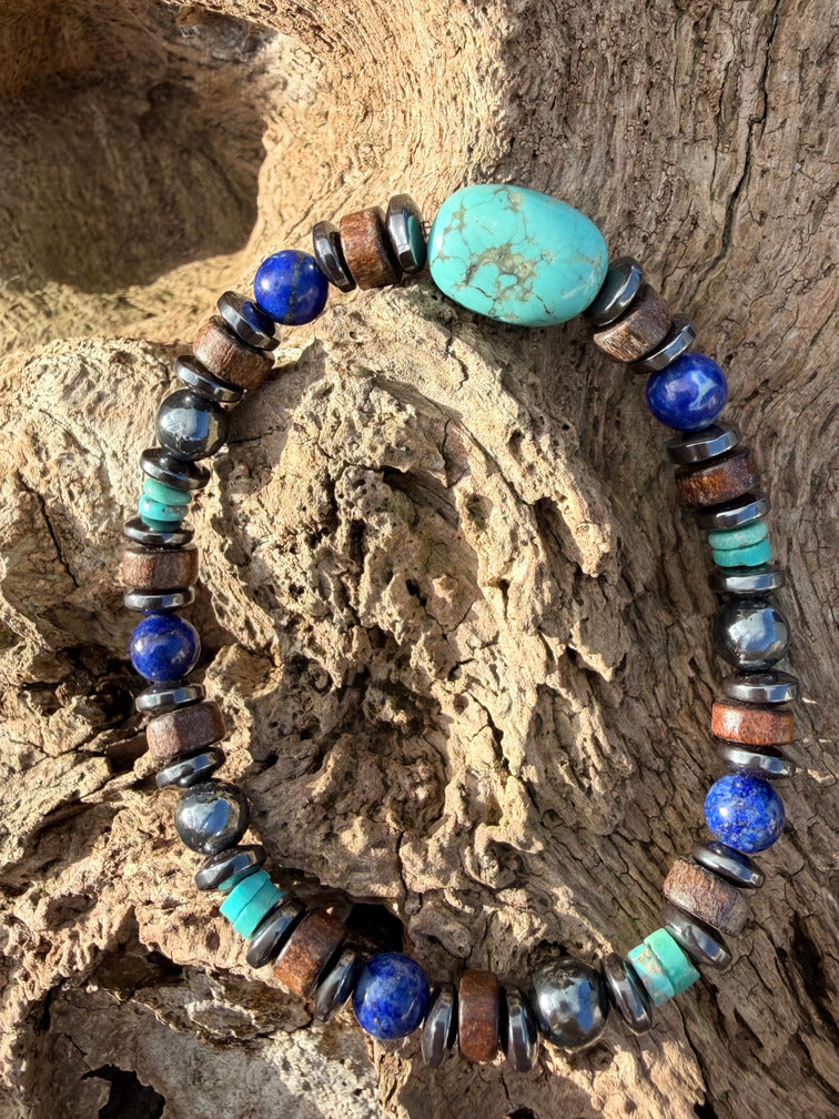 Bracelet Protection Homme Femme ÉDOUARD - Pierres Naturelles Turquoise Lapis Lazuli Hématite Équilibre Émotionnel

