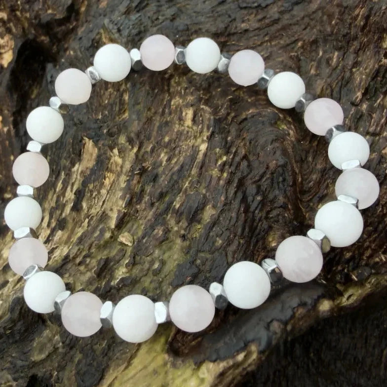 Bracelet femme quartz rose jade blanc HANNA - Pierre naturelle amour réconfort
