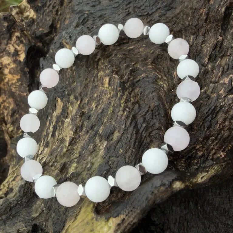 Bracelet enfant quartz rose jade blanc HANNA - Pierre naturelle réconfort amour inconditionnel chakra du coeur