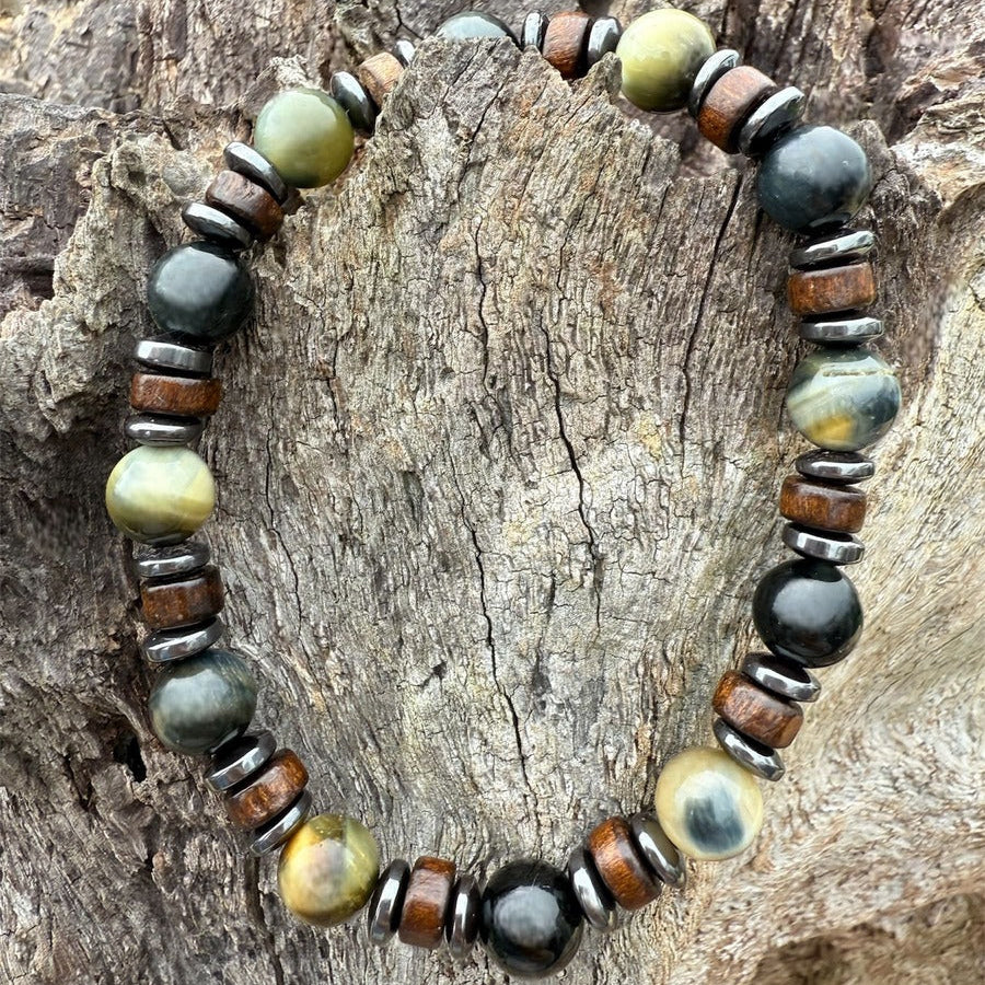 Bracelet HommeHenri Oeil de tigre Oeil de faucon Chakra plexus solaire Confiance Protection Pierres naturelles
