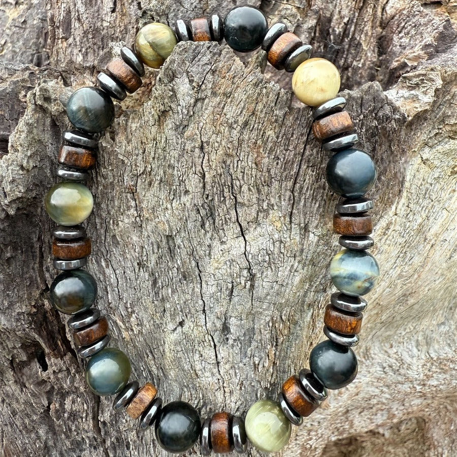 Bracelet Homme Henri Oeil de tigre Oeil de faucon Chakra plexus solaire Confiance Protection Pierres naturelles