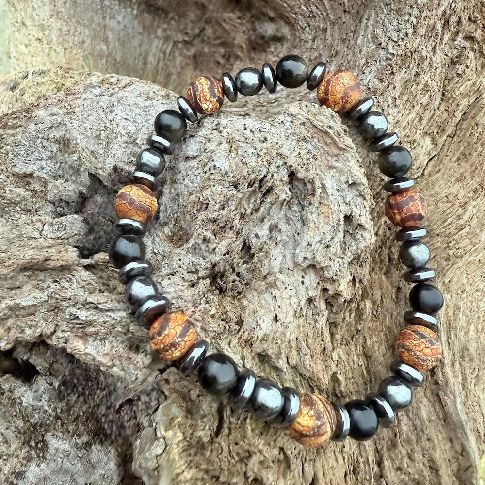 MALO Bracelet Homme Obsidienne Hématite Agate Tibétaine dZi - Vue complète
