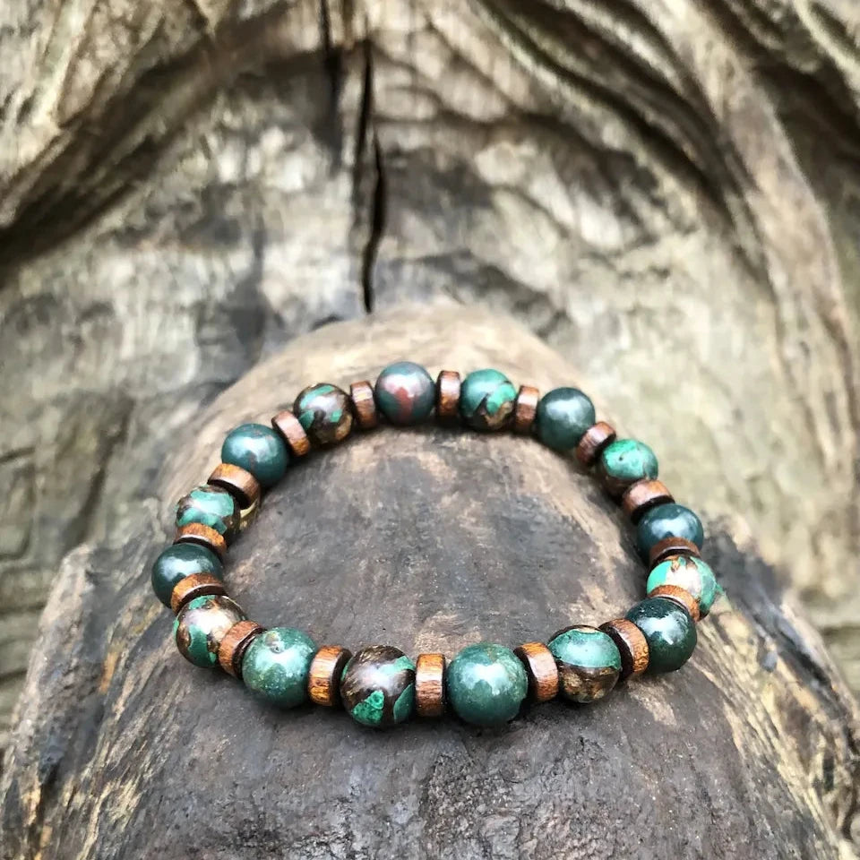 JALA Bracelet Homme Jaspe Sanguin Bronzite Malachite Bois - Vue complète
