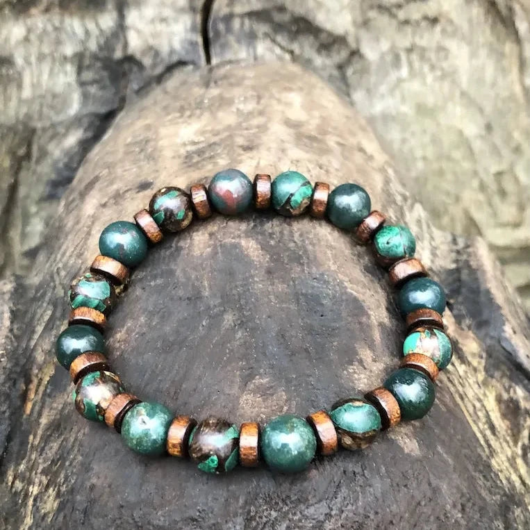 JALA Bracelet Homme Jaspe Sanguin Bronzite Malachite Bois - Détail des pierres