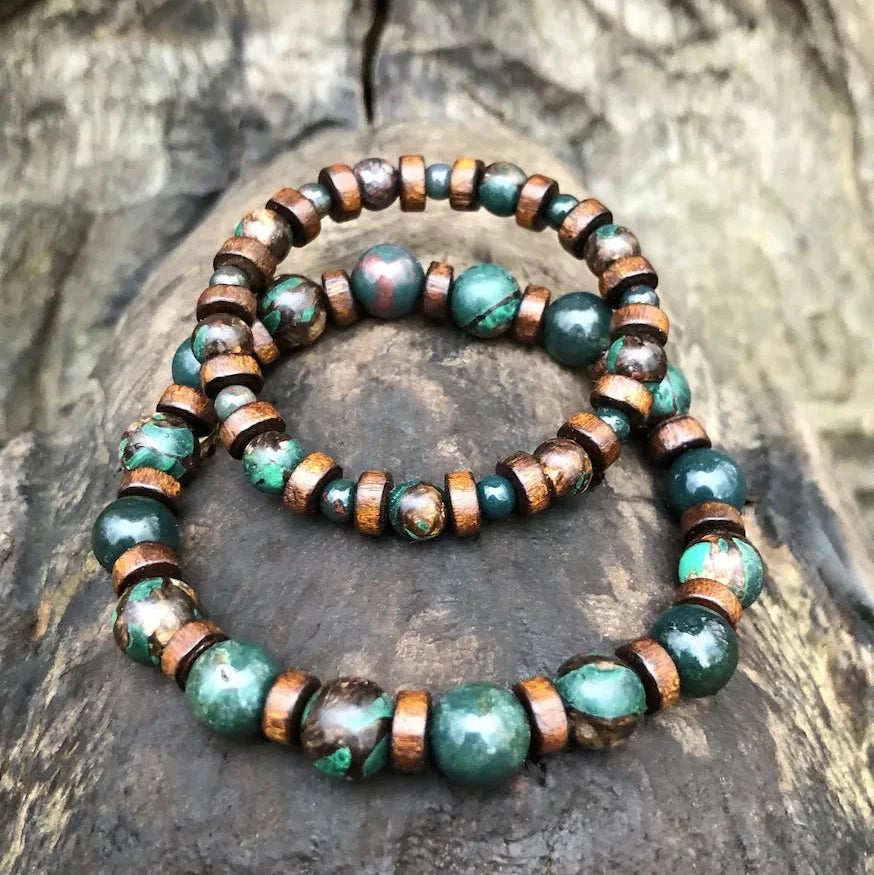 JALA Bracelet Homme Jaspe Sanguin Bronzite Malachite Bois - Vue duo parent/enfant
