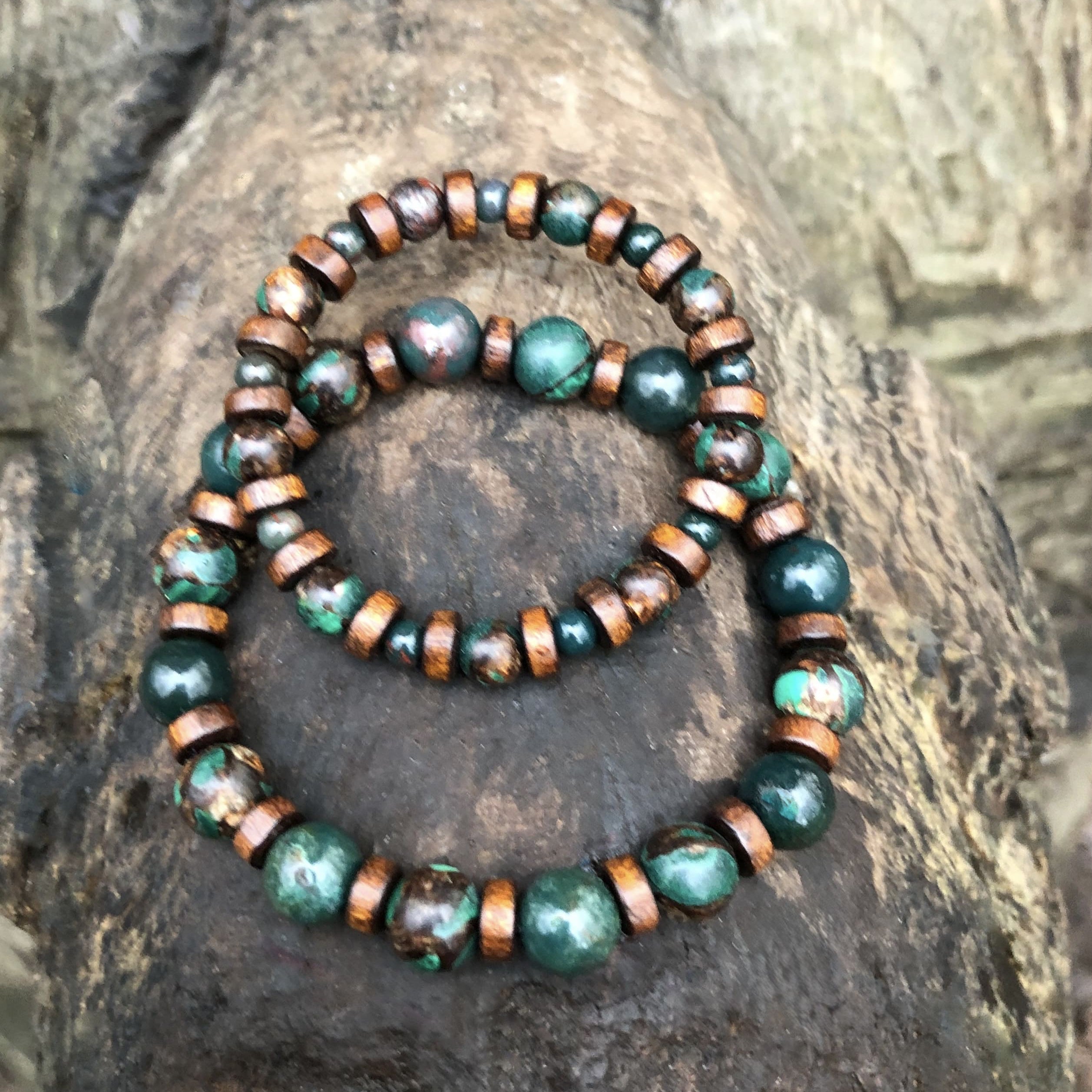 Coffret DUO JALA Parent Enfant - Bracelets assortis Jaspe Sanguin Bronzite Malachite Bois - Sahana Spirit
