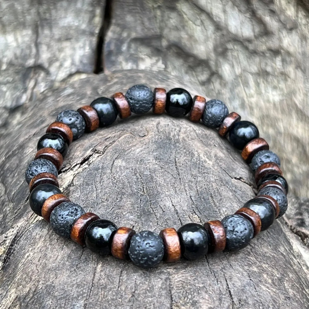MARLON Bracelet Homme Tourmaline Pierre de Lave Bois - Vue complète ancrage protection
