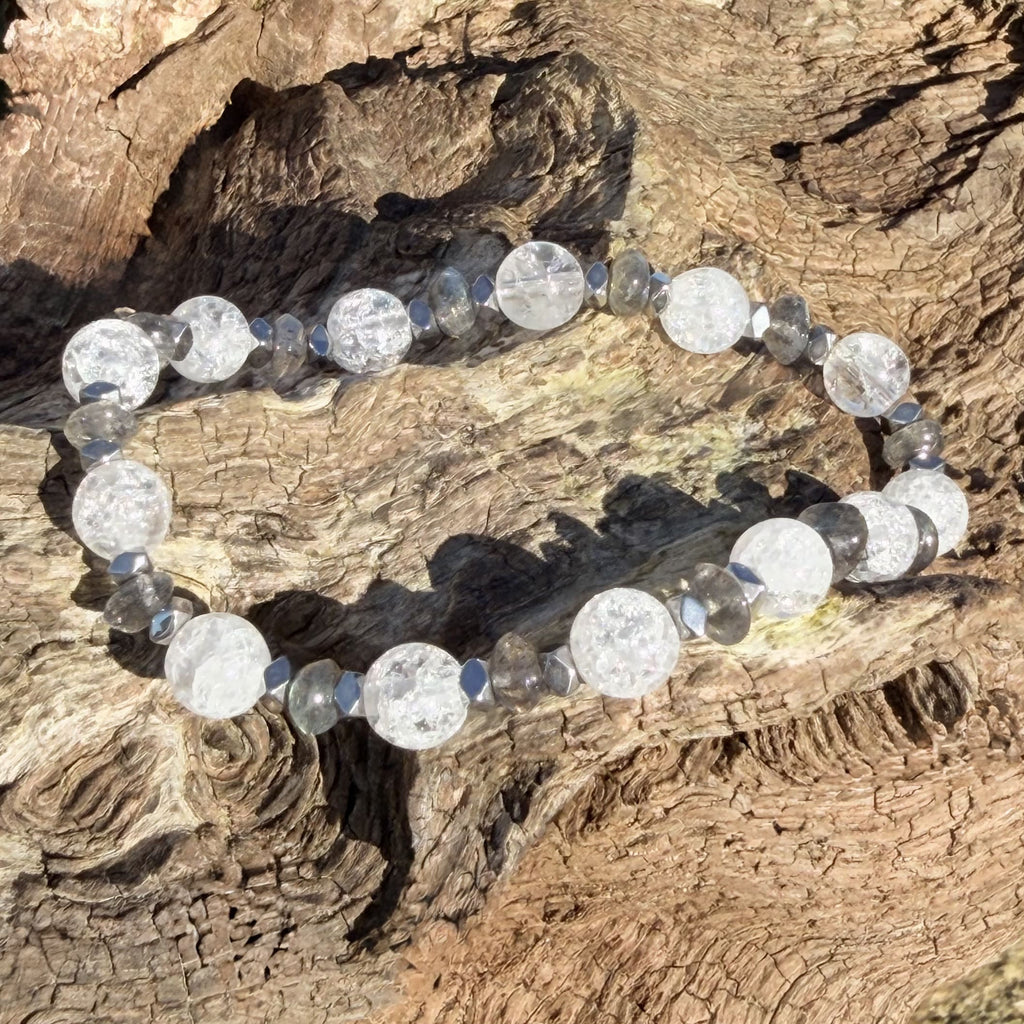 MARYLOU Bracelet Femme Labradorite Cristal de Roche Hématite - Vue dessus pierres craquelées intuition transformation