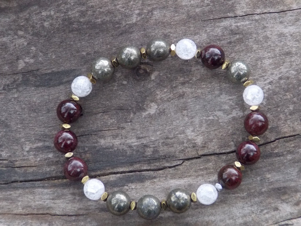 bracelet grenat, pyrite et cristal de roche, chakra sacré, PLEXUS SOLAIRE 