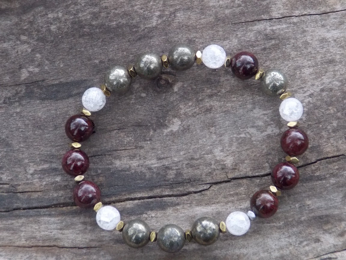 bracelet grenat, pyrite et cristal de roche, chakra sacré, PLEXUS SOLAIRE 