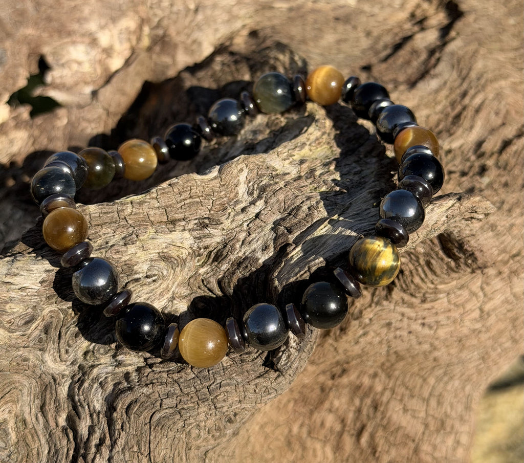 Bracelet chakra racine ancrage et protection oeil de tigre, obsidienne et hématite