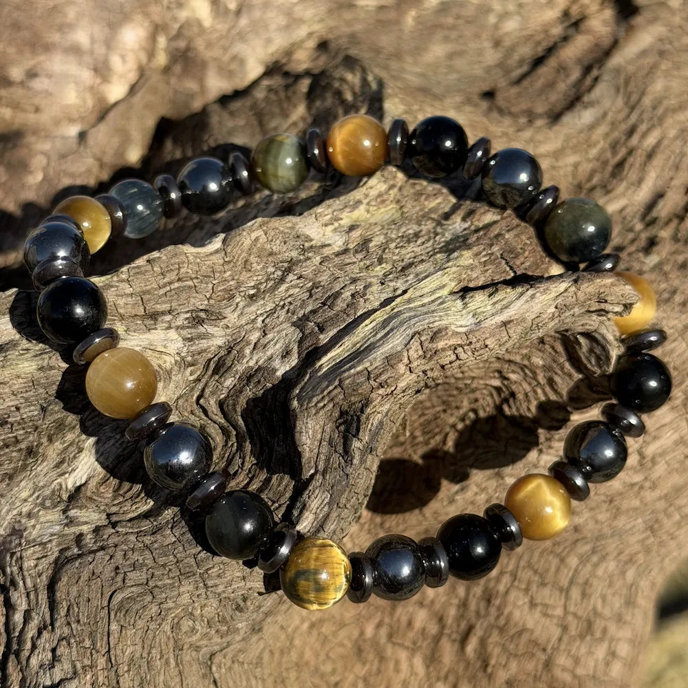 Bracelet homme protection puissante oeil de tigre obsidienne dorée hématite oeil de faucon
