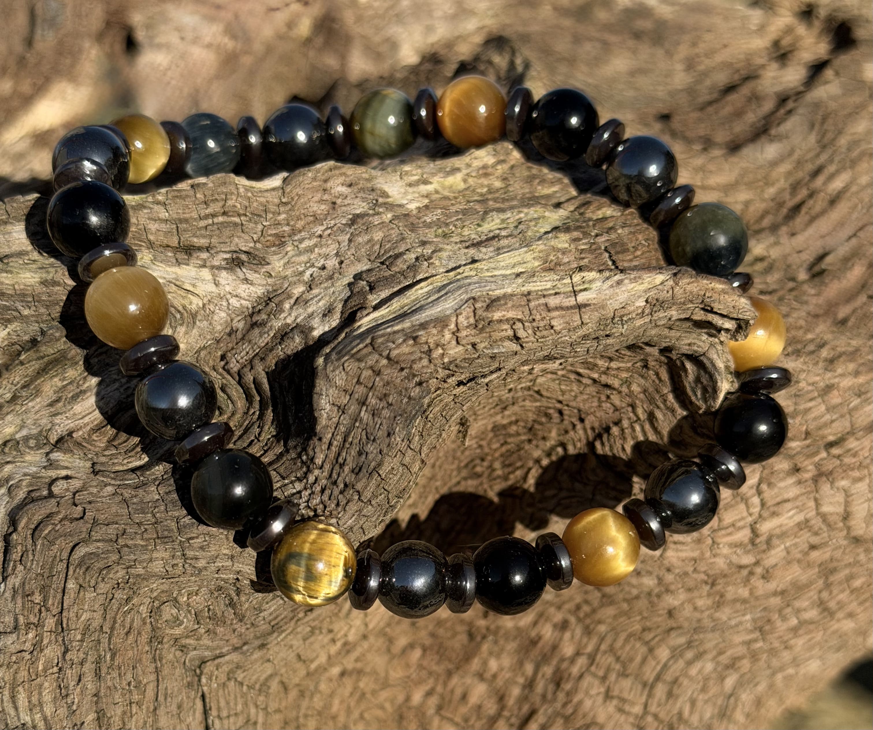 Bracelet chakra racine ancrage et protection oeil de tigre, de faucon, obsidienne et hématite