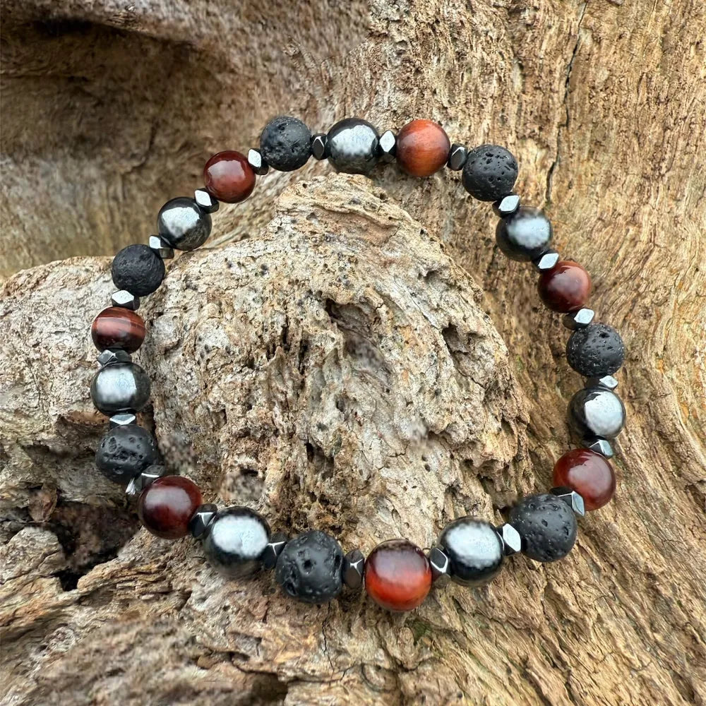 BILLY Bracelet Enfant - Détail hématite œil de taureau pierre de lave bois 6mm