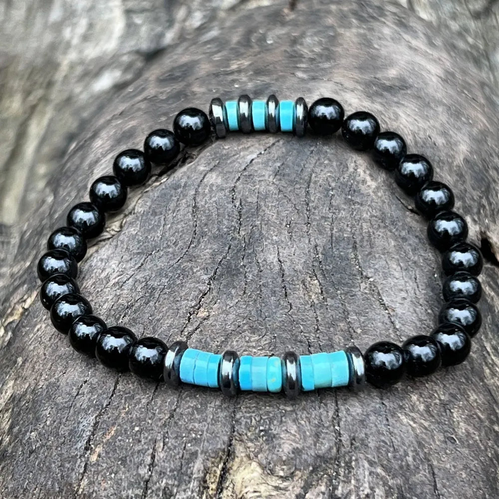 SLOAN Bracelet Homme Tourmaline Turquoise Hématite 8mm - Vue complète protection communication
