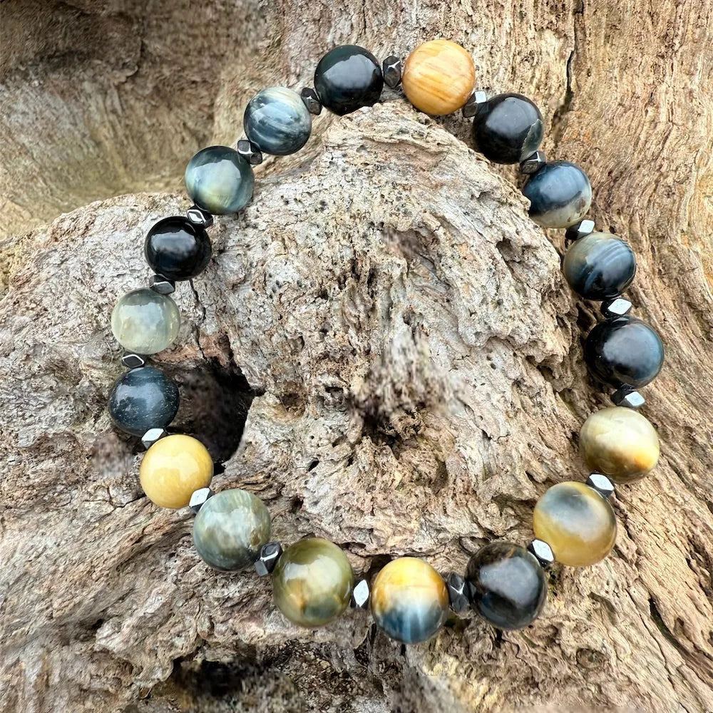 ISADORA Bracelet Femme Œil de Tigre Œil de Faucon Hématite - Vue complète courage confiance

