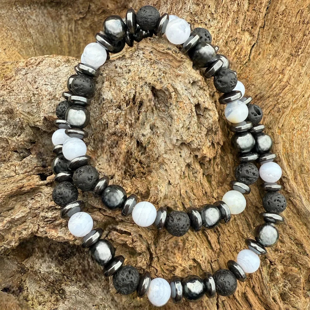 DUO GABRIEL Coffret - Bracelets miroirs adulte enfant assortis calcédoine hématite et pierre de lave