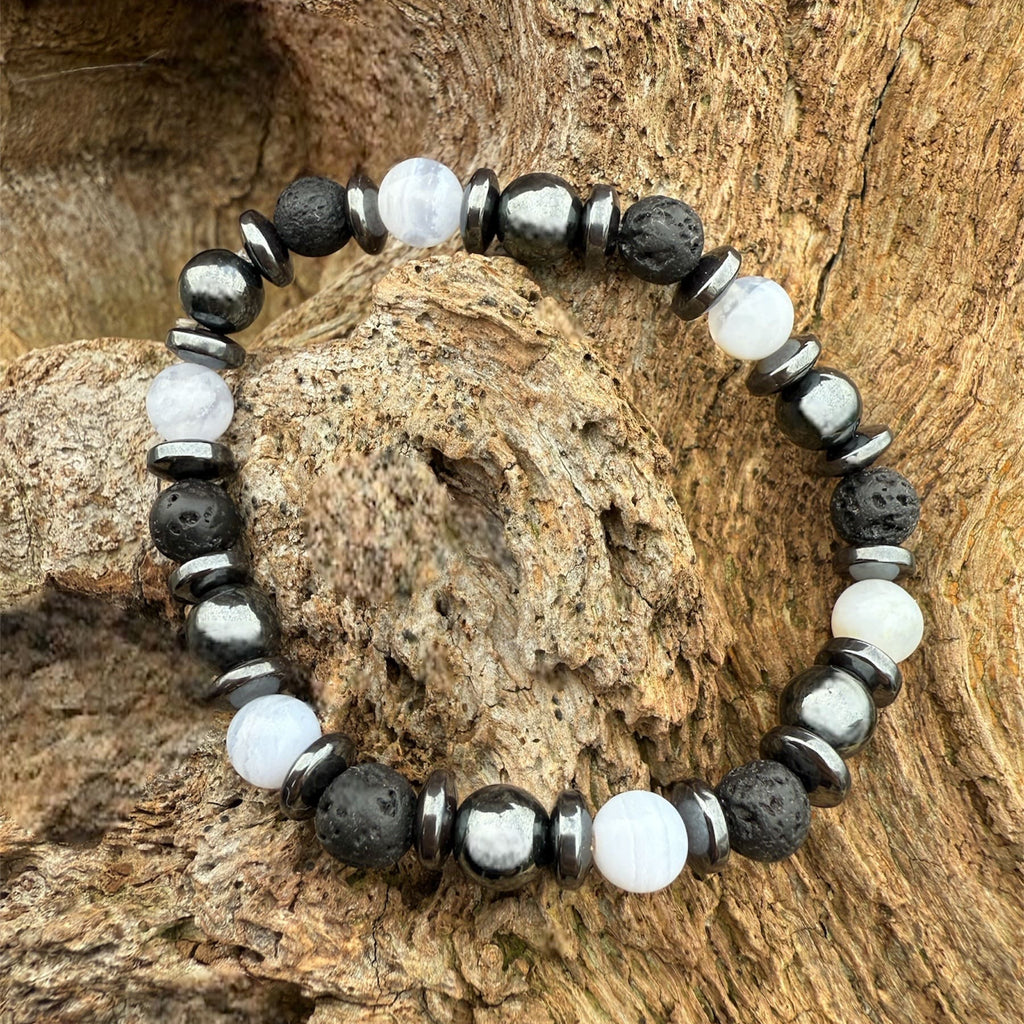 DUO GABRIEL - Bracelet enfant hématite calcédoine lave chakra racine gorge
