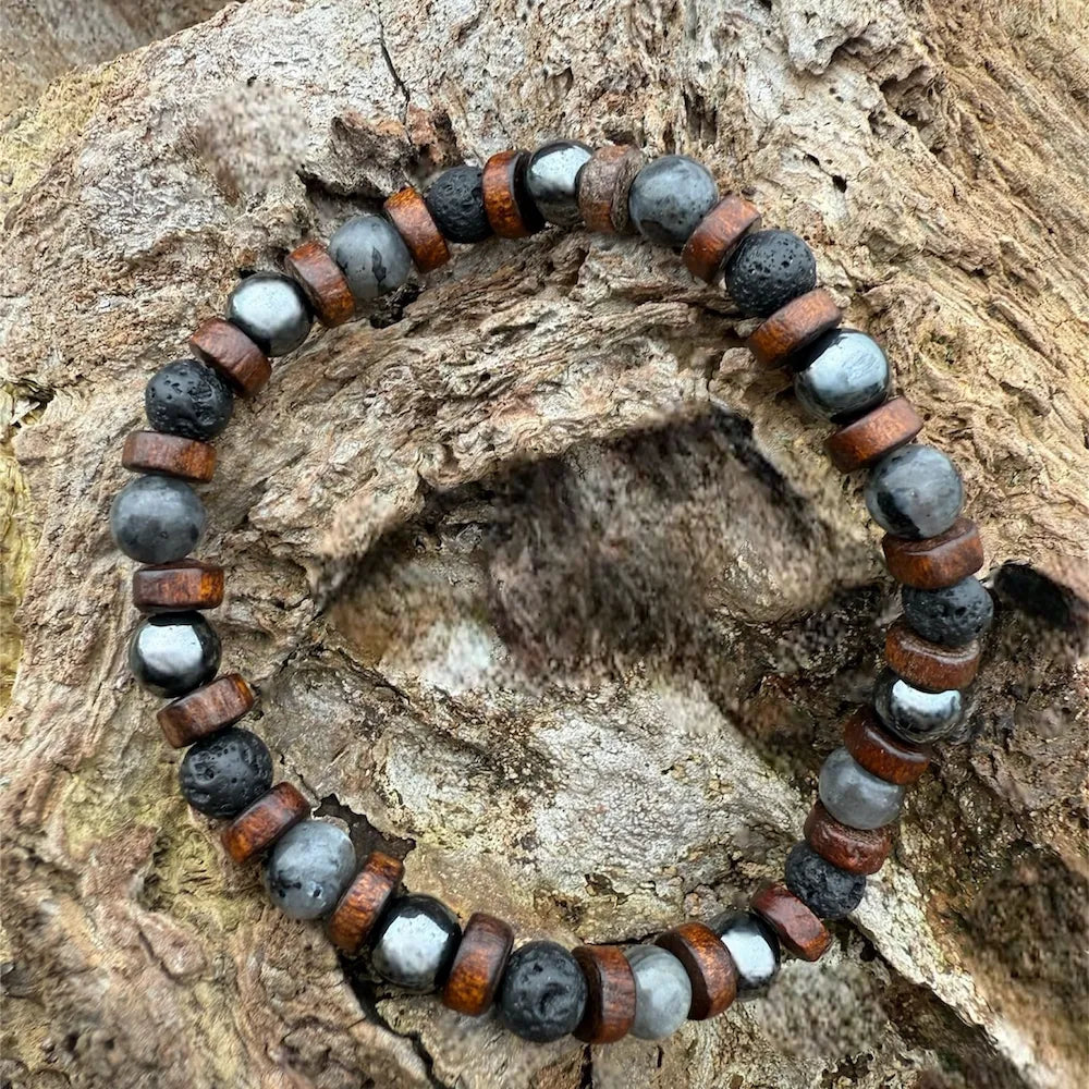 MAËL Bracelet Homme Hématite Labradorite Pierre de Lave - Vue complète
