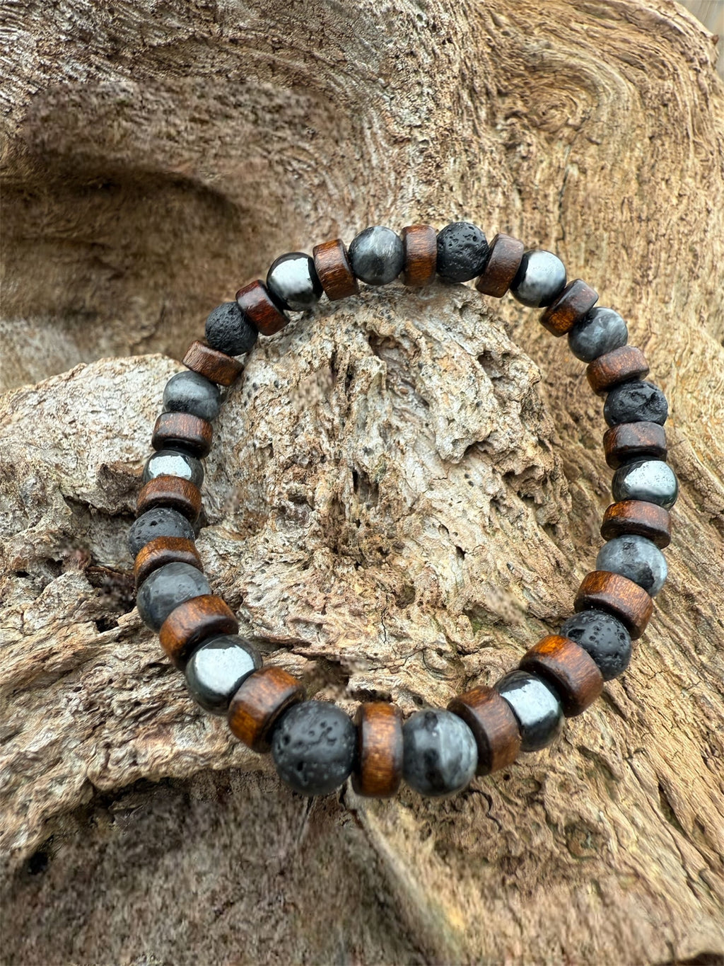 MAËL Bracelet Enfant - Détail hématite labradorite pierre de lave bois 6mm

