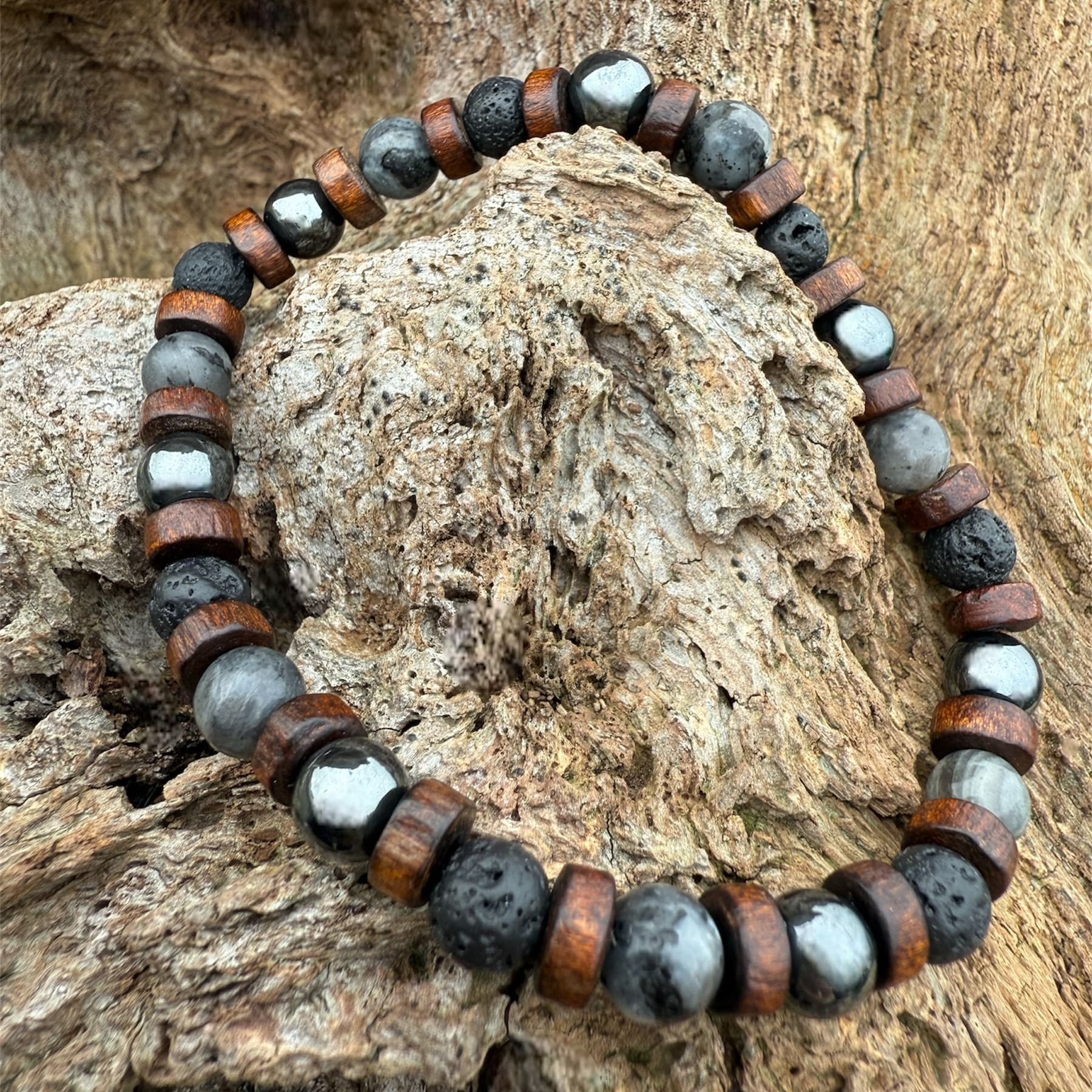 MAËL Bracelet Homme - Détail hématite labradorite pierre de lave bois 8mm
