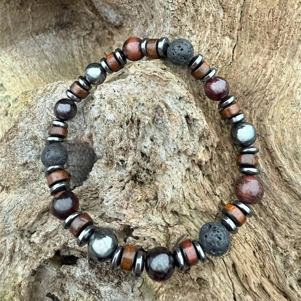 Bracelet homme oeil de taureau, pierre de lave et hématite 