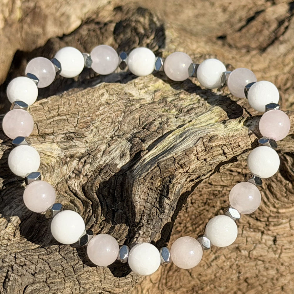 Bracelet HANNA quartz rose jade blanc - Bijou lithothérapie paix intérieure
