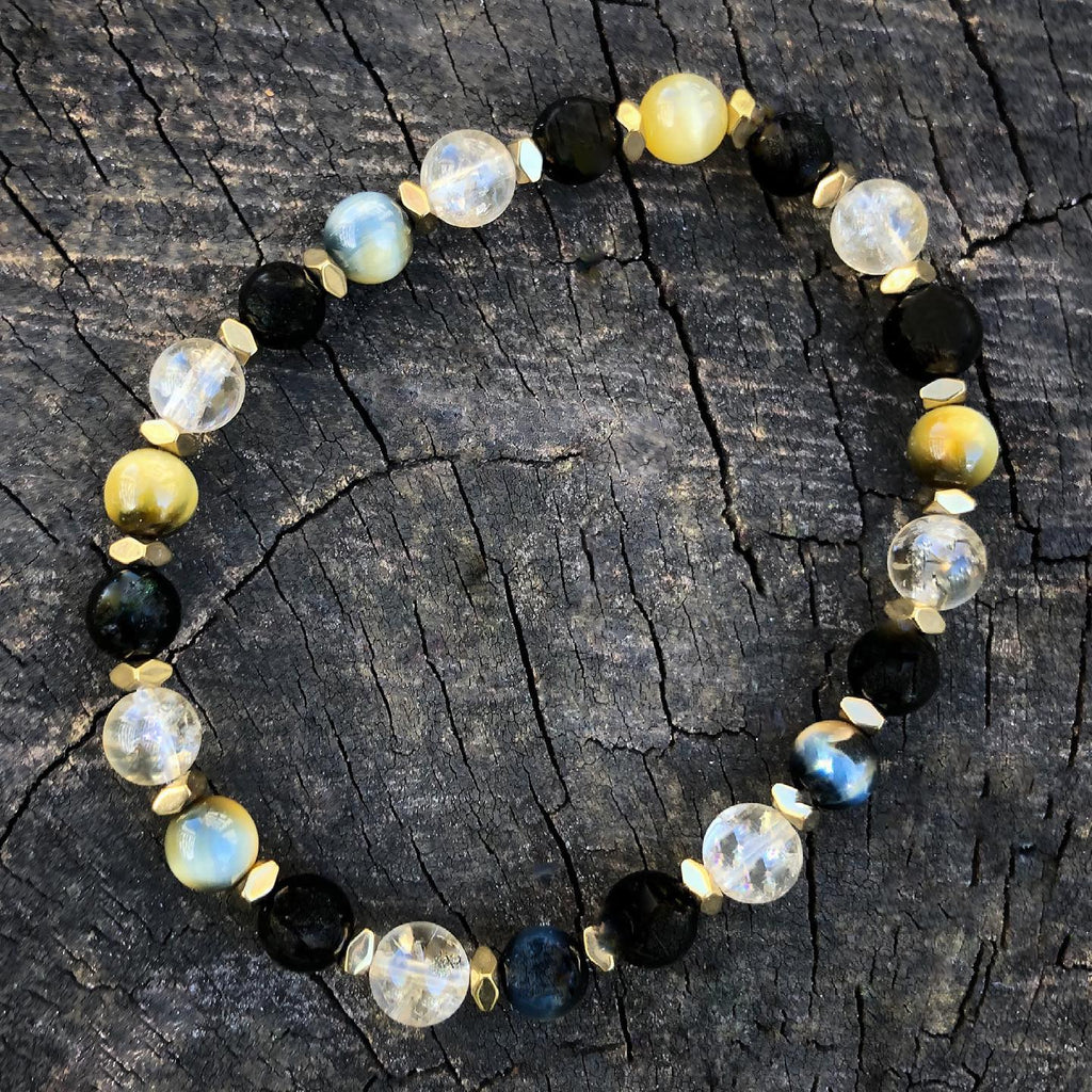 ISMAEL Bracelet Femme Œil de Tigre Citrine Tourmaline Hématite 6mm - Vue complète pierres dorées et noires
